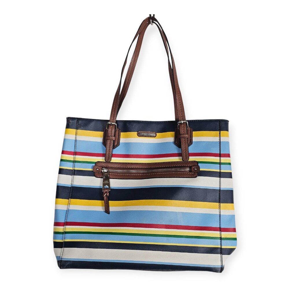 Dana Buchman Multicolor Stripe Tote With Brown Faux Leather Straps & Zip Pocket